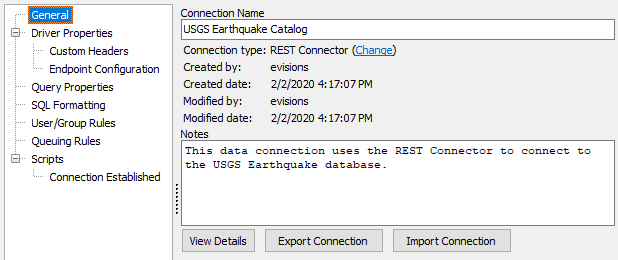 Connection Name: USGS Earthquake Catalog.  Notes: This data connection uses the REST Connector to connect to the USGS Earthquake database.